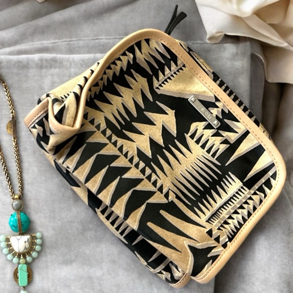 Stella & dot travel bag zipper pouch for cosmetics etc black & tan boho print